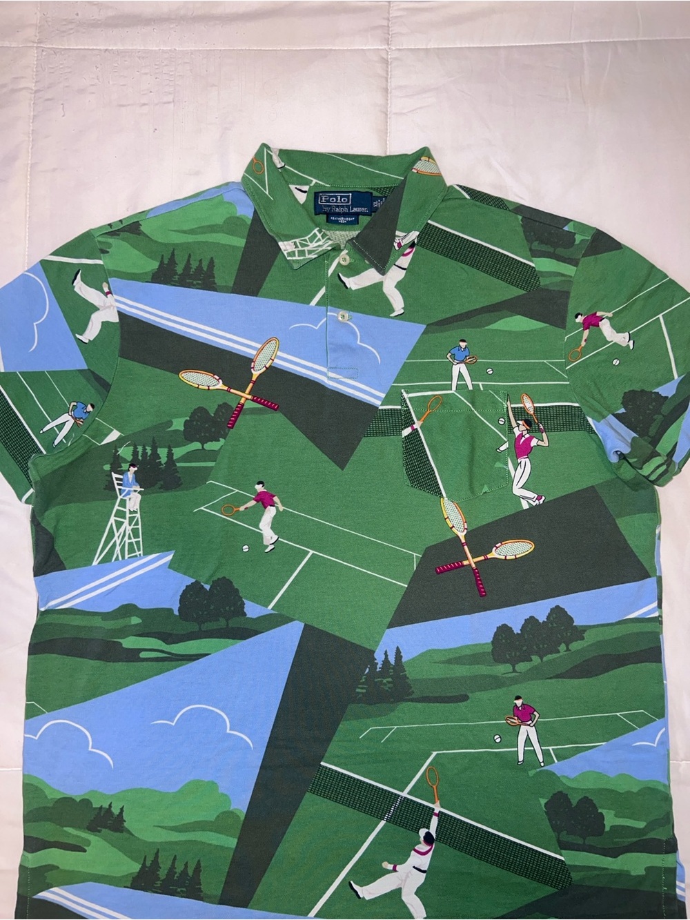 Ralph Lauren Green Tennis-Scene Polo Shirt with Blue Accents